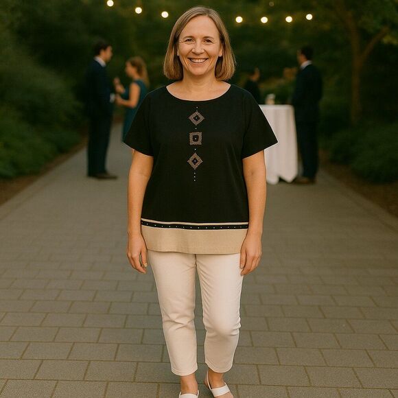 Virgo Women's Tunic Top Size 10, Black / Cream Gold Studs Rayon / Poly Blend #BH - Picture 1 of 11